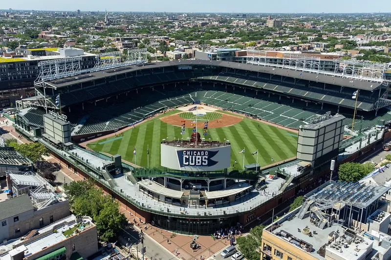 Wrigley Field and its ivy-covered outfield wall in Chicago