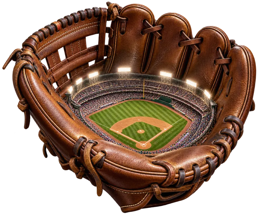 AI-generated image: a miniature baseball stadium inside a leather glove