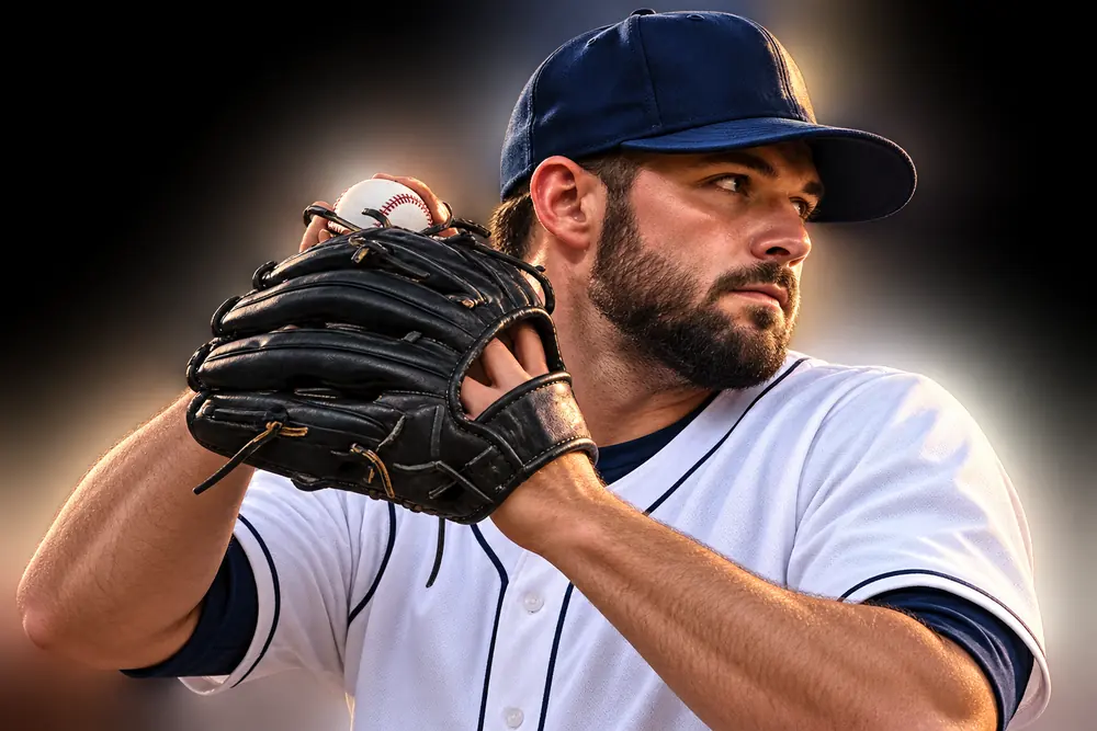 AI-generated image: a pitcher holds the ball in his glove, focused on the batter